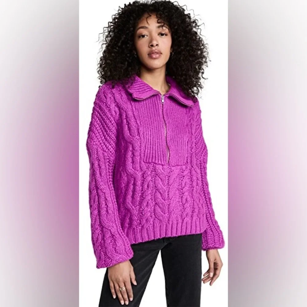 For Love And Lemons Andi Zip Neck Cable Knit Quarter Zip Sweater, Fuchsia, XL